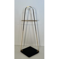 Design Fireplace Tools Set on Stand in Black Lacquered Metal and Brass, French Work, circa 1970