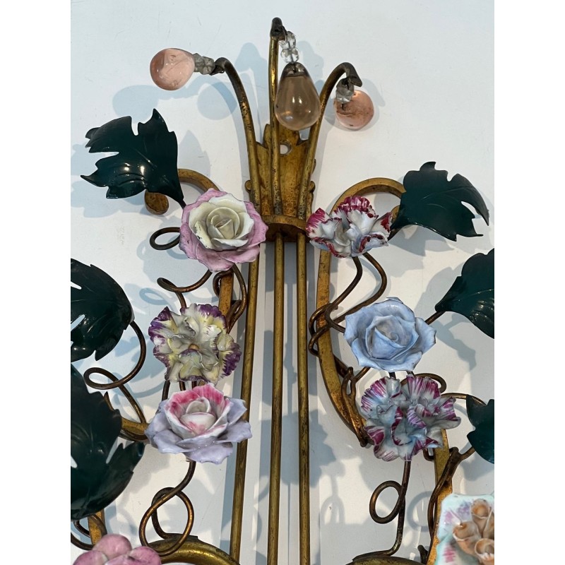 Pair of Art Déco Bronze and Porcelain Flower Wall Lights | French Work, circa 1940
