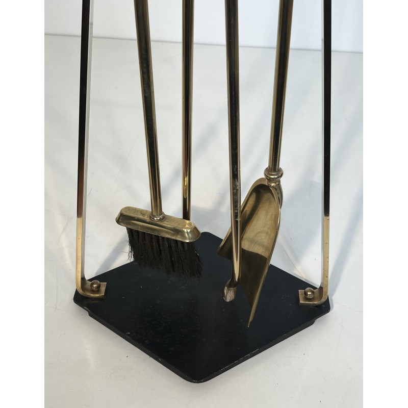 Design Fireplace Tools Set on Stand in Black Lacquered Metal and Brass, French Work, circa 1970