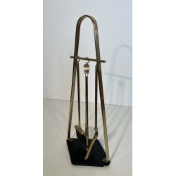 Design Fireplace Tools Set on Stand in Black Lacquered Metal and Brass, French Work, circa 1970