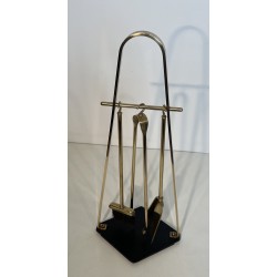 Design Fireplace Tools Set on Stand in Black Lacquered Metal and Brass, French Work, circa 1970