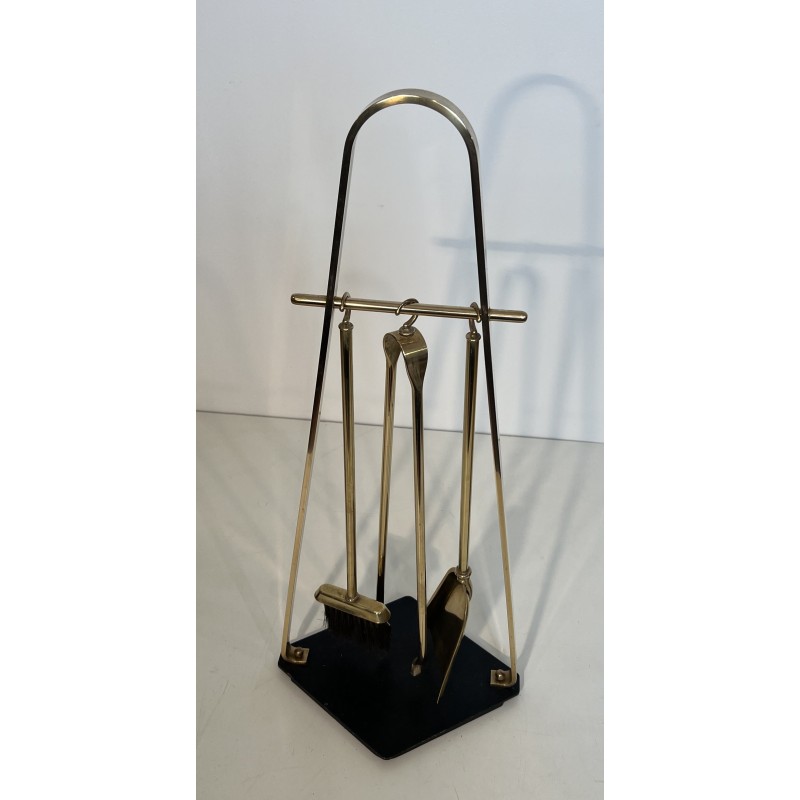Design Fireplace Tools Set on Stand in Black Lacquered Metal and Brass, French Work, circa 1970