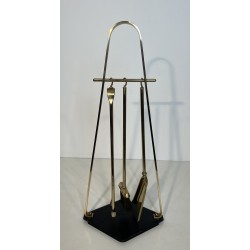 Design Fireplace Tools Set on Stand in Black Lacquered Metal and Brass, French Work, circa 1970