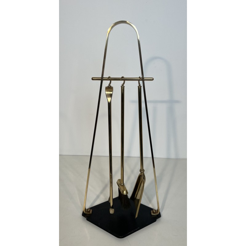 Design Fireplace Tools Set on Stand in Black Lacquered Metal and Brass, French Work, circa 1970