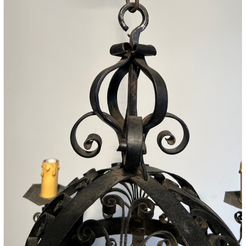 Wrought Iron Ball-Shaped Four-Light Chandelier of Very Fine Quality, French Work, circa 1940