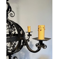 Wrought Iron Ball-Shaped Four-Light Chandelier of Very Fine Quality, French Work, circa 1940