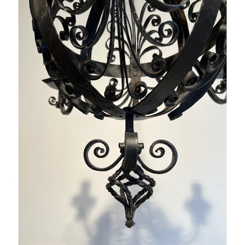 Lustre en Fer Forgé de Forme Boule à Quatre Bras de Lumières de Très Belle Qualité, Travail Français, Vers 1940