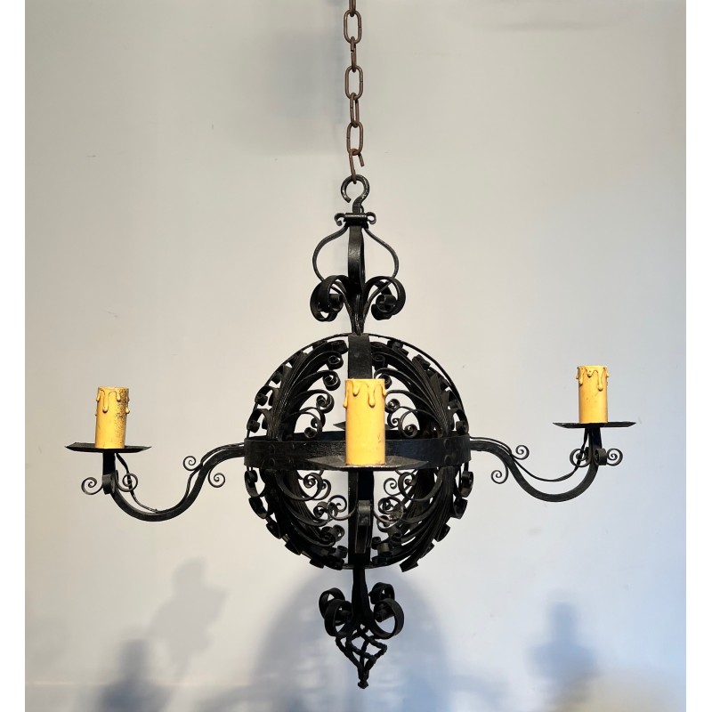 Wrought Iron Ball-Shaped Four-Light Chandelier of Very Fine Quality, French Work, circa 1940