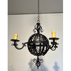 Lustre en Fer Forgé de Forme Boule à Quatre Bras de Lumières de Très Belle Qualité, Travail Français, Vers 1940