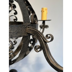 Wrought Iron Ball-Shaped Four-Light Chandelier of Very Fine Quality, French Work, circa 1940