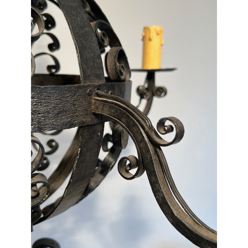 Wrought Iron Ball-Shaped Four-Light Chandelier of Very Fine Quality, French Work, circa 1940
