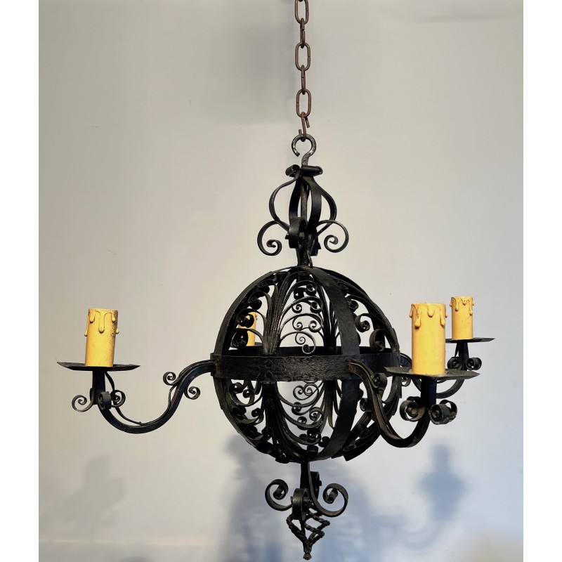 Wrought Iron Ball-Shaped Four-Light Chandelier of Very Fine Quality, French Work, circa 1940