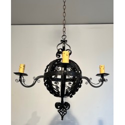 Lustre en Fer Forgé de Forme Boule à Quatre Bras de Lumières de Très Belle Qualité, Travail Français, Vers 1940