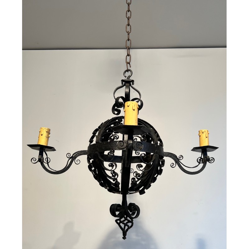 Lustre en Fer Forgé de Forme Boule à Quatre Bras de Lumières de Très Belle Qualité, Travail Français, Vers 1940