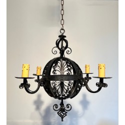 Wrought Iron Ball-Shaped Four-Light Chandelier of Very Fine Quality, French Work, circa 1940