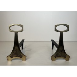 Paire de Chenets en Laiton et Fer Forgé de Style Arts & Crafts, Travail Français, Vers 1970