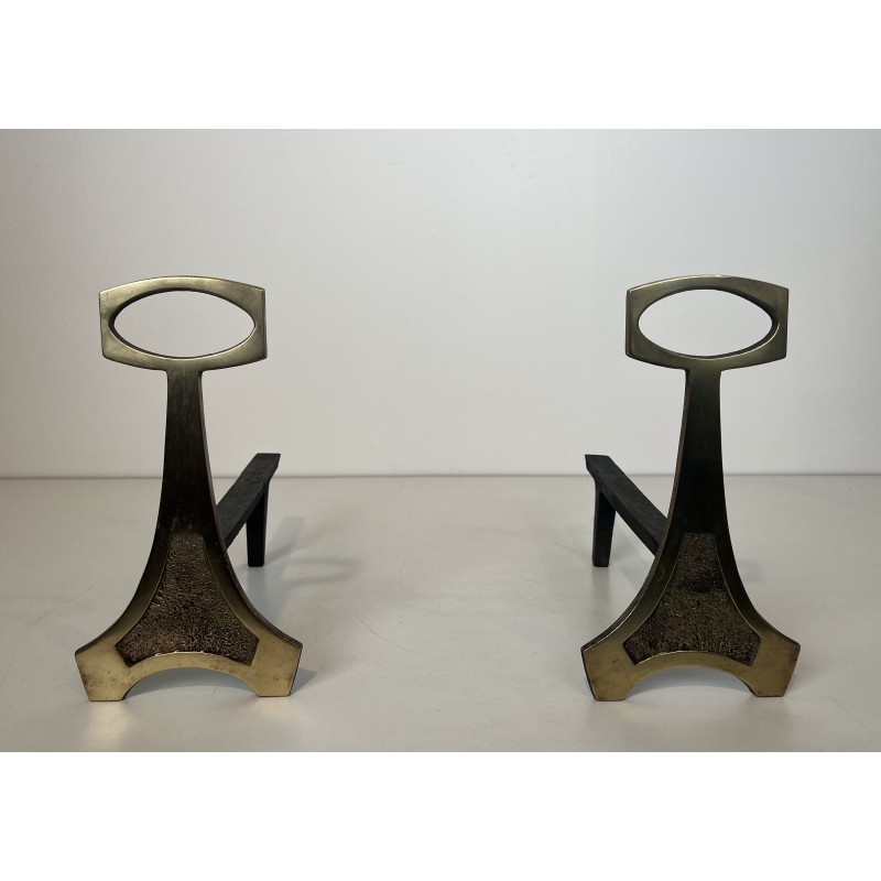 Paire de Chenets en Laiton et Fer Forgé de Style Arts & Crafts, Travail Français, Vers 1970