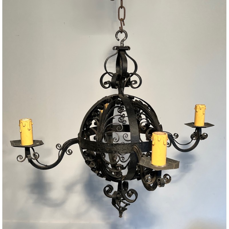 Lustre en Fer Forgé de Forme Boule à Quatre Bras de Lumières de Très Belle Qualité, Travail Français, Vers 1940