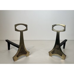 Paire de Chenets en Laiton et Fer Forgé de Style Arts & Crafts, Travail Français, Vers 1970