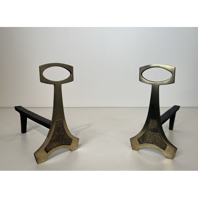 Pair of Brass and Wrought Iron Andirons in the Arts & Crafts Style, French Work, circa 1970