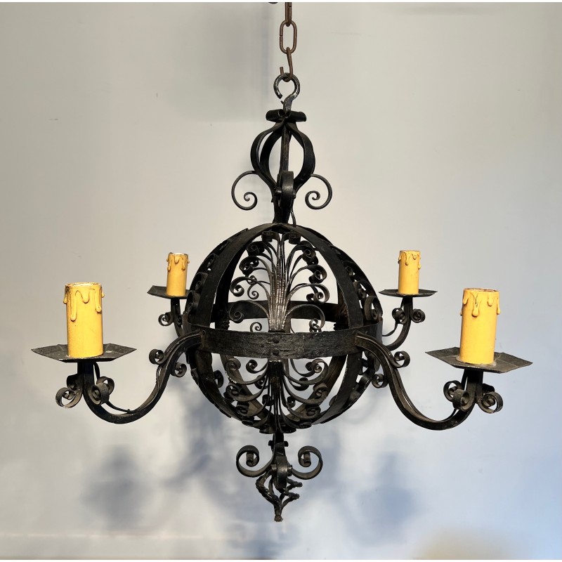 Wrought Iron Ball-Shaped Four-Light Chandelier of Very Fine Quality, French Work, circa 1940