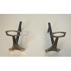 Pair of Brass and Wrought Iron Andirons in the Arts & Crafts Style, French Work, circa 1970