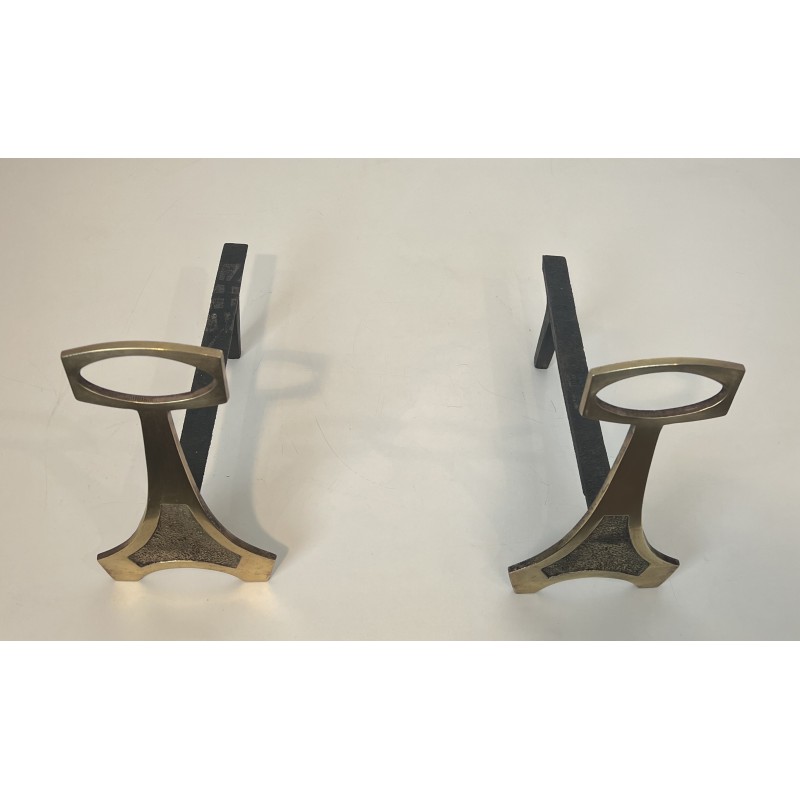 Pair of Brass and Wrought Iron Andirons in the Arts & Crafts Style, French Work, circa 1970