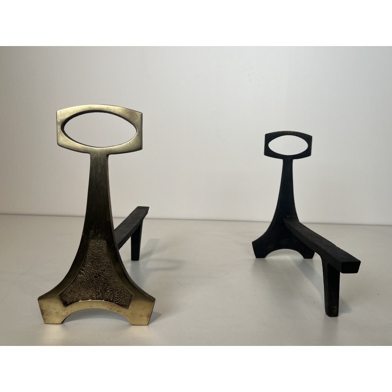 Paire de Chenets en Laiton et Fer Forgé de Style Arts & Crafts, Travail Français, Vers 1970