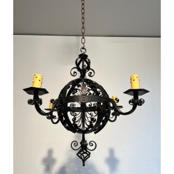 Lustre en Fer Forgé de Forme Boule à Quatre Bras de Lumières de Très Belle Qualité, Travail Français, Vers 1940