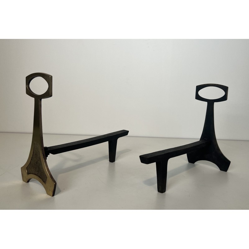 Pair of Brass and Wrought Iron Andirons in the Arts & Crafts Style, French Work, circa 1970