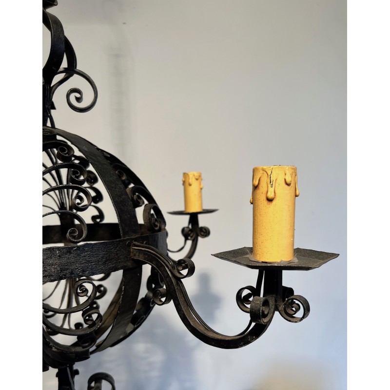 Wrought Iron Ball-Shaped Four-Light Chandelier of Very Fine Quality, French Work, circa 1940