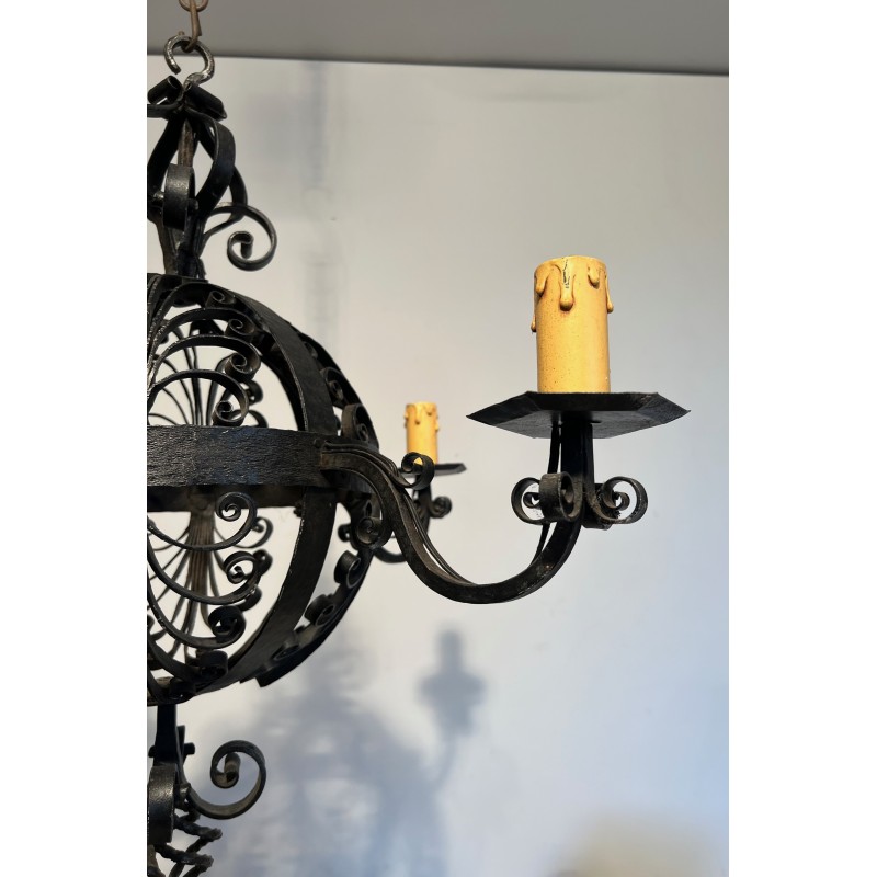 Wrought Iron Ball-Shaped Four-Light Chandelier of Very Fine Quality, French Work, circa 1940