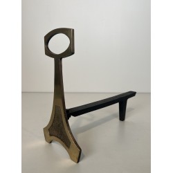 Pair of Brass and Wrought Iron Andirons in the Arts & Crafts Style, French Work, circa 1970