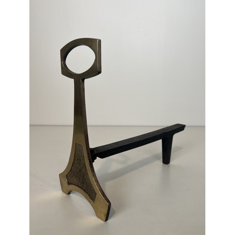 Pair of Brass and Wrought Iron Andirons in the Arts & Crafts Style, French Work, circa 1970