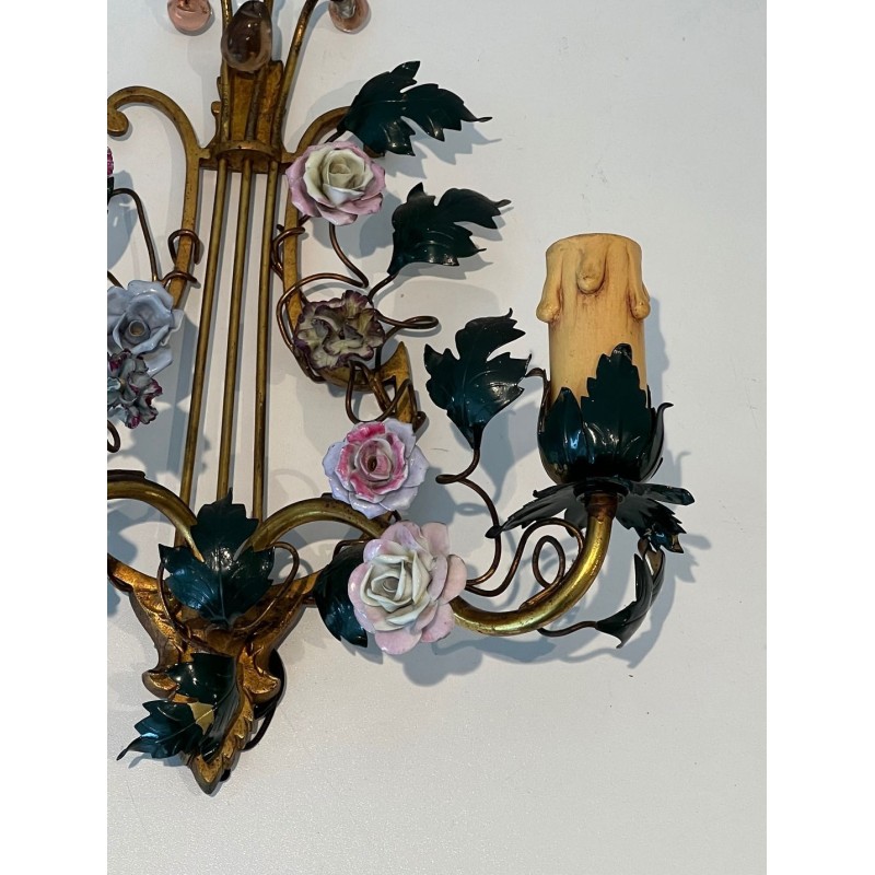 Paire d'Appliques Art Déco Bronze et Fleurs de Porcelaine | Travail Français, vers 1940