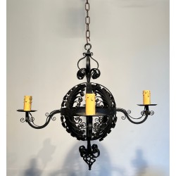 Lustre en Fer Forgé de Forme Boule à Quatre Bras de Lumières de Très Belle Qualité, Travail Français, Vers 1940