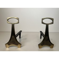 Paire de Chenets en Laiton et Fer Forgé de Style Arts & Crafts, Travail Français, Vers 1970