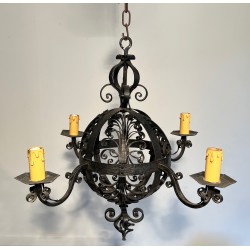 Wrought Iron Ball-Shaped Four-Light Chandelier of Very Fine Quality, French Work, circa 1940