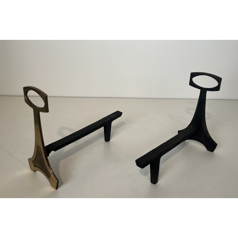 Pair of Brass and Wrought Iron Andirons in the Arts & Crafts Style, French Work, circa 1970