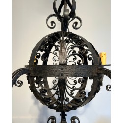 Wrought Iron Ball-Shaped Four-Light Chandelier of Very Fine Quality, French Work, circa 1940