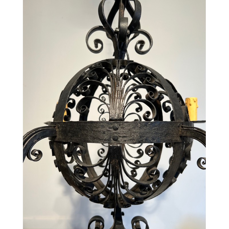Wrought Iron Ball-Shaped Four-Light Chandelier of Very Fine Quality, French Work, circa 1940