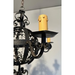 Wrought Iron Ball-Shaped Four-Light Chandelier of Very Fine Quality, French Work, circa 1940