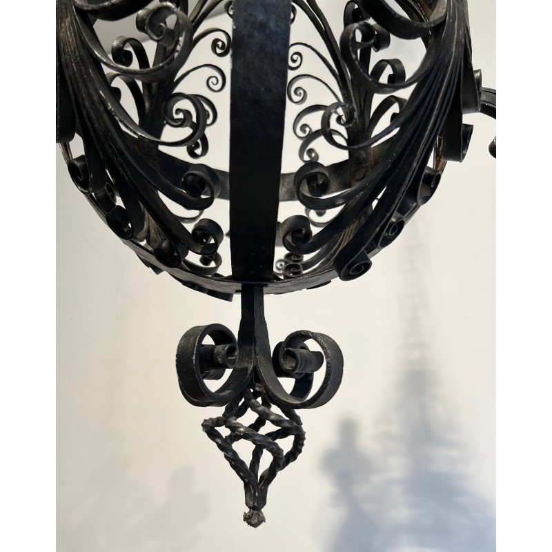 Wrought Iron Ball-Shaped Four-Light Chandelier of Very Fine Quality, French Work, circa 1940