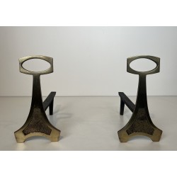 Paire de Chenets en Laiton et Fer Forgé de Style Arts & Crafts, Travail Français, Vers 1970