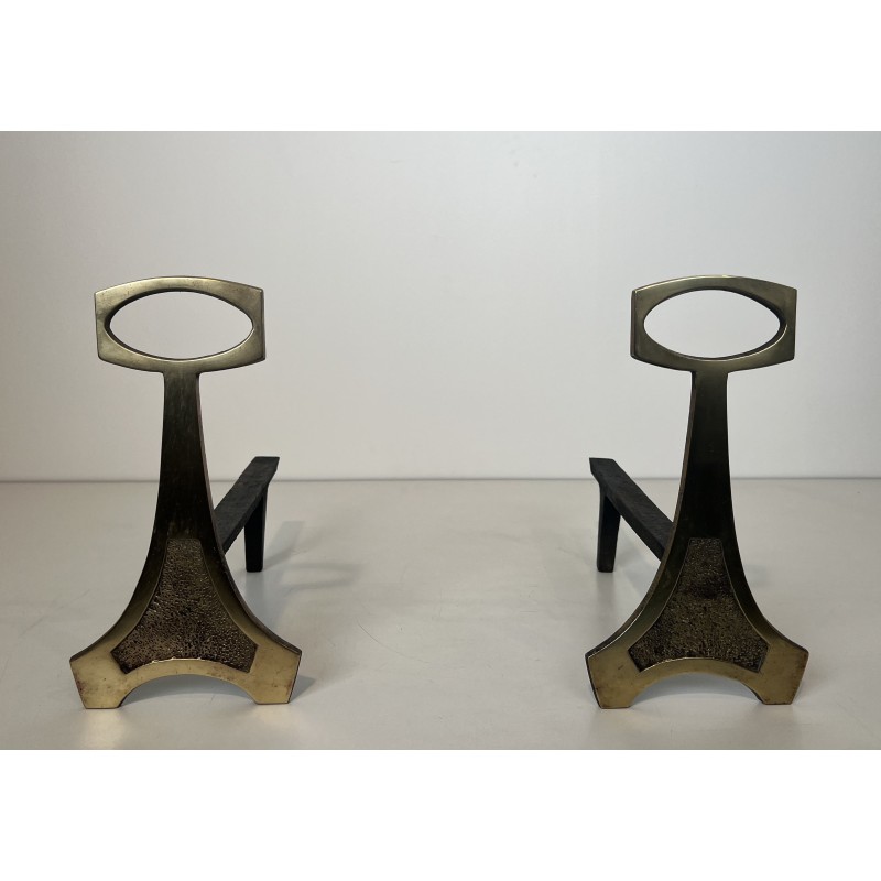 Paire de Chenets en Laiton et Fer Forgé de Style Arts & Crafts, Travail Français, Vers 1970