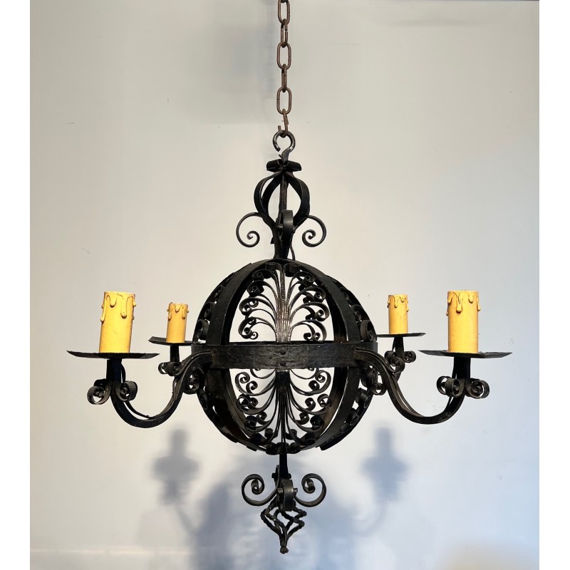 Wrought Iron Ball-Shaped Four-Light Chandelier of Very Fine Quality, French Work, circa 1940