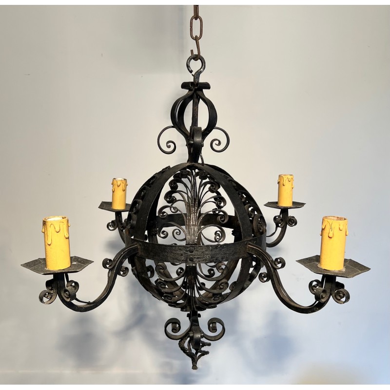 Wrought Iron Ball-Shaped Four-Light Chandelier of Very Fine Quality, French Work, circa 1940