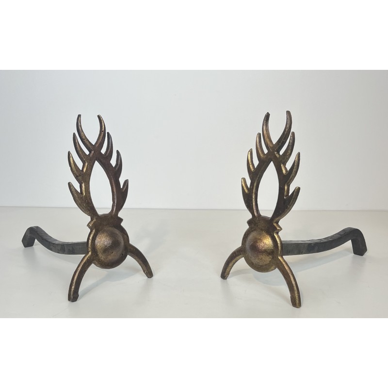 Pair of Gilt Wrought Iron Andirons in the Style of Garouste et Bonnetti, French Work, circa 1970