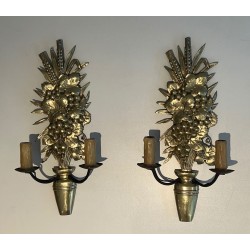 Pair of Bronze and Wrought Iron Wall Lights Representing a fruit Bowl