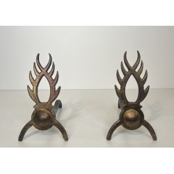 Pair of Gilt Wrought Iron Andirons in the Style of Garouste et Bonnetti, French Work, circa 1970